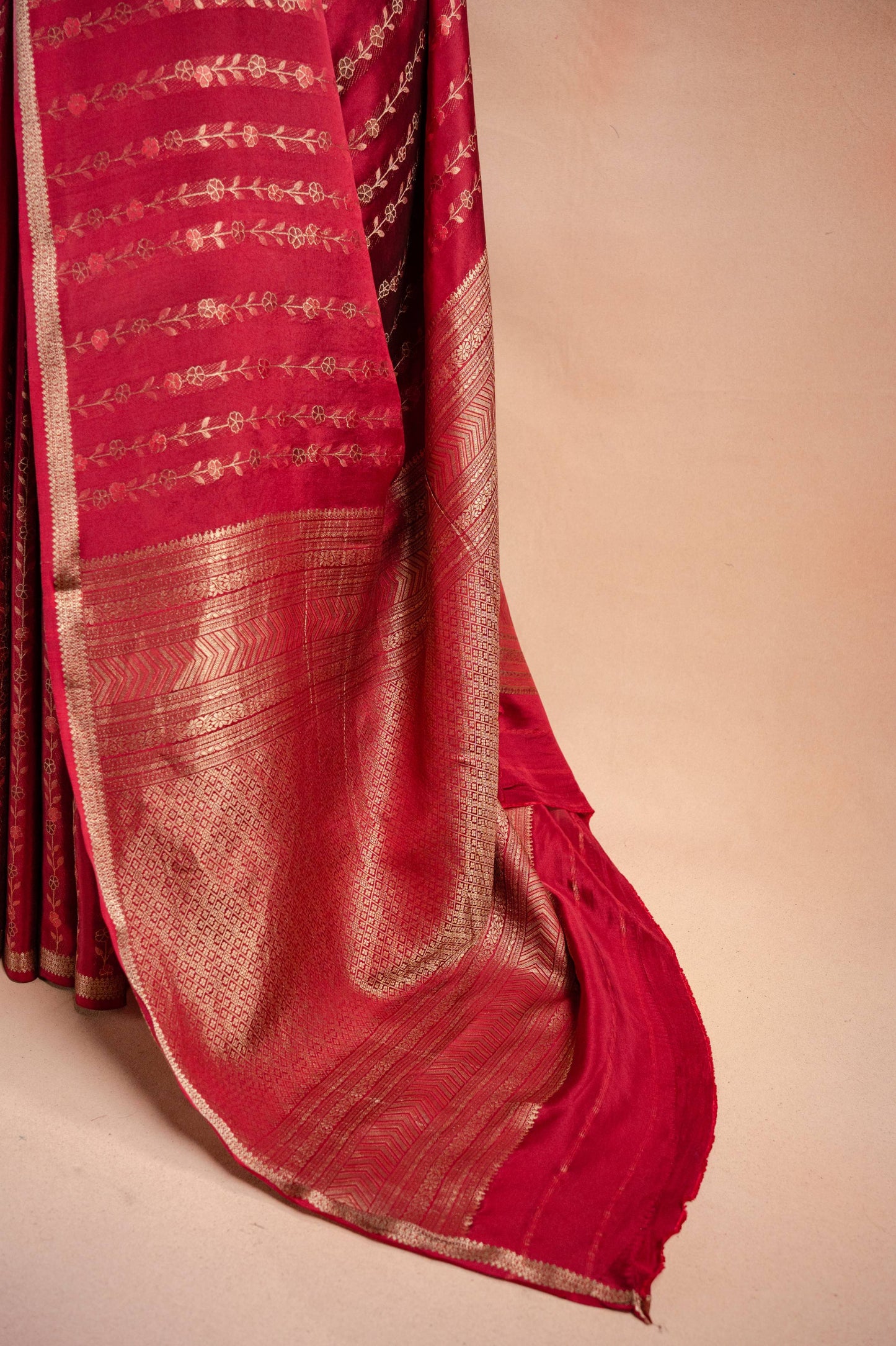 Red Banarasi Silk Saree with Floral Zari Weaving