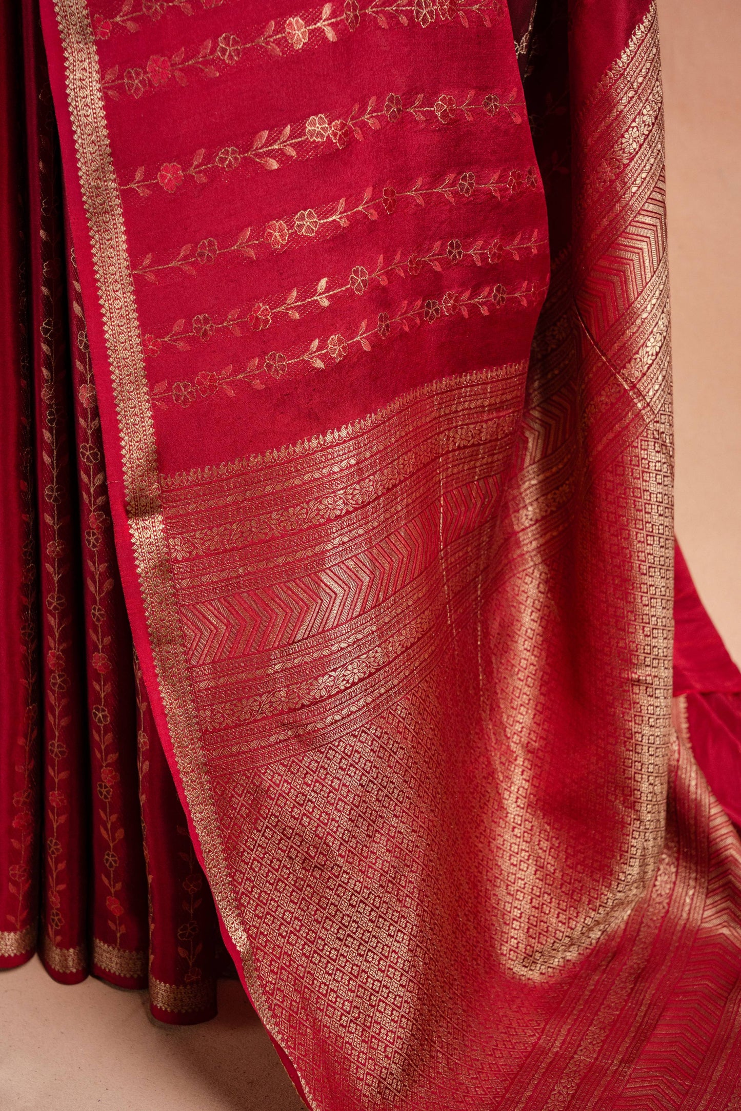 Red Banarasi Silk Saree with Floral Zari Weaving