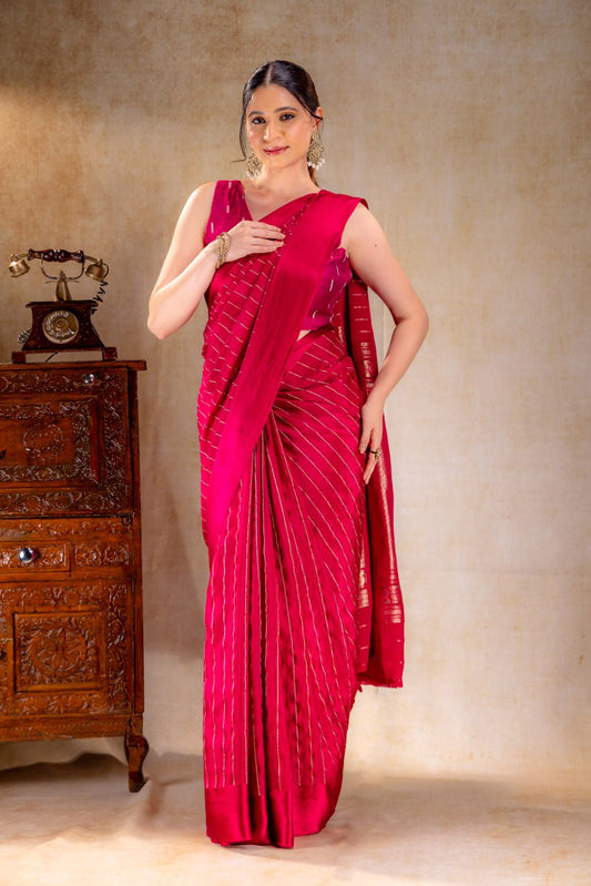 Berry Red Crepe Saree with Gold and Silver Zari Stripe Detailing