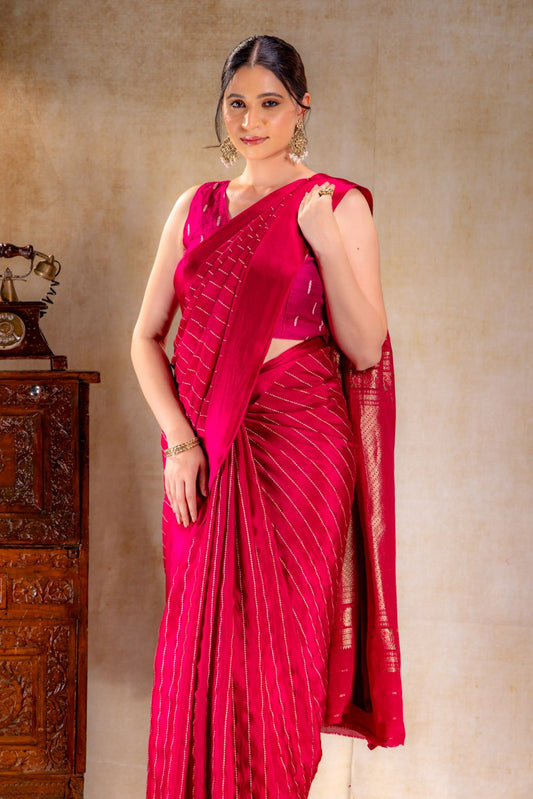 Berry Red Crepe Saree with Gold and Silver Zari Stripe Detailing