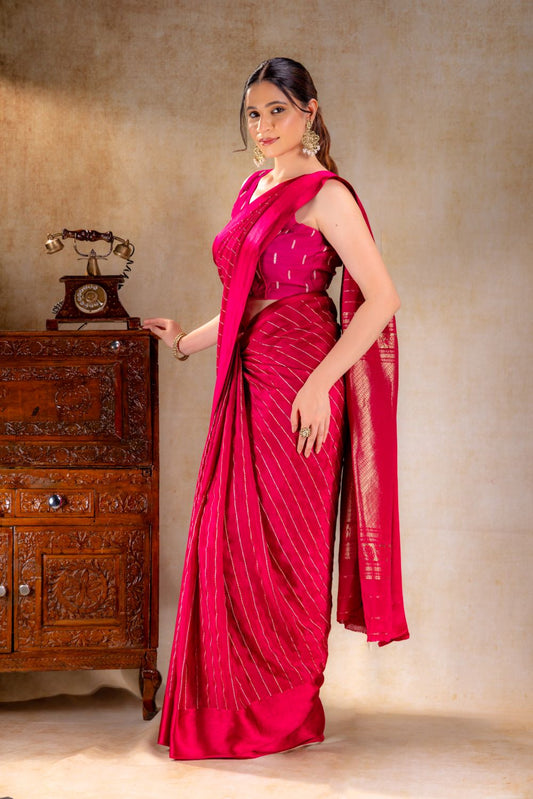 Berry Red Crepe Saree with Gold and Silver Zari Stripe Detailing
