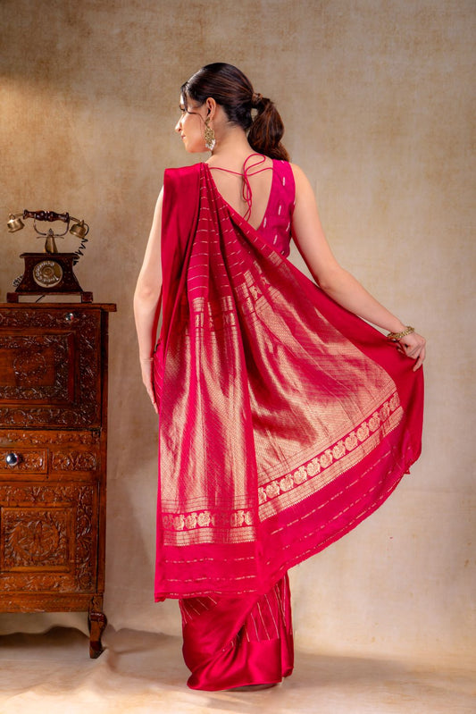 Berry Red Crepe Saree with Gold and Silver Zari Stripe Detailing