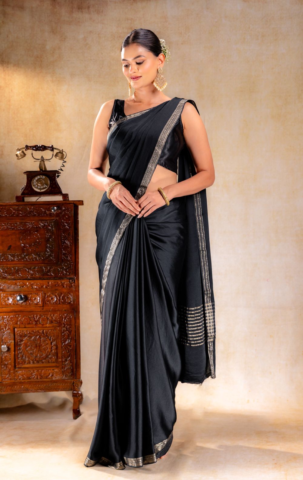 Charcoal Black Satin Saree with Elegant Silver Zari Border and Pallu