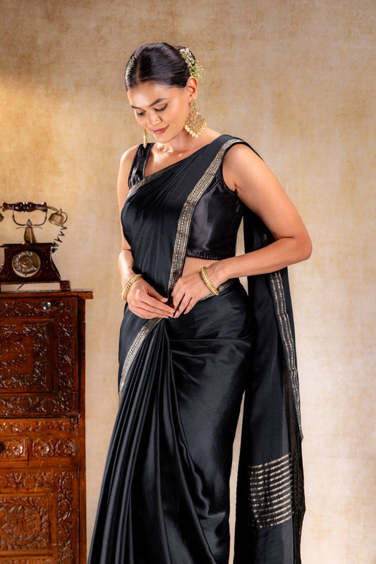 Charcoal Black Satin Saree with Elegant Silver Zari Border and Pallu