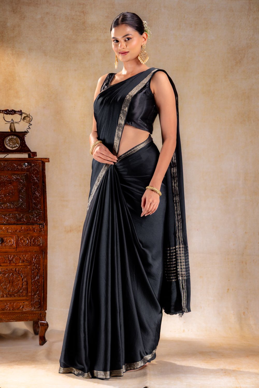 Charcoal Black Satin Saree with Elegant Silver Zari Border and Pallu