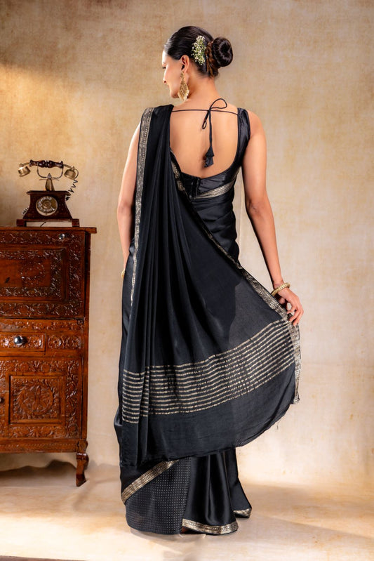 Charcoal Black Satin Saree with Elegant Silver Zari Border and Pallu