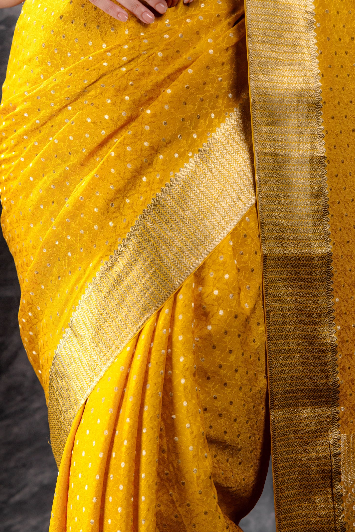 Mustard Yellow Crepe Saree with Silver Zari Buttas and Floral Jaal Texture