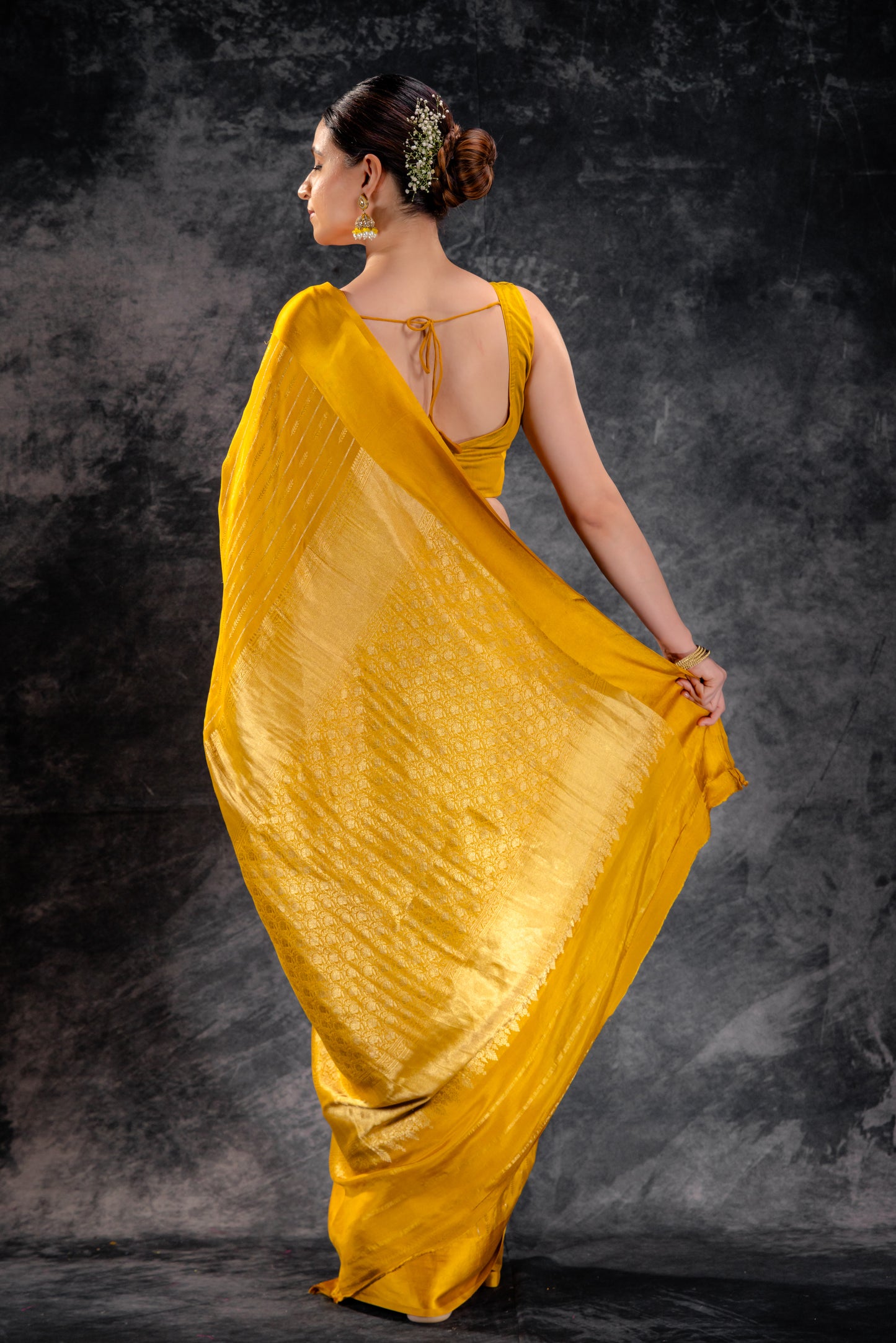 Golden Ember Crepe Saree with Dual Zari Arrows with Satin Border