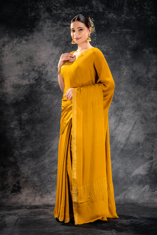 Sunlit Mustard Satin Saree with Elegant Silver Zari Border & Pallu