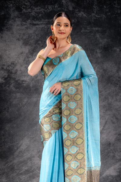 Azure Mist Tissue Saree with Olive Leaf Zari Work