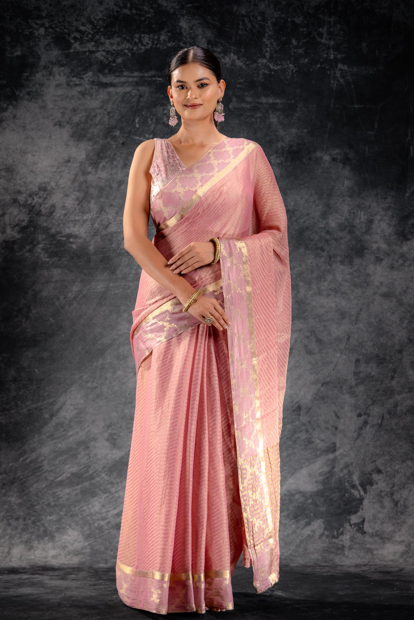 Tissue Royale Dusty Rose Saree with Mughal Arch Border & Zari Wave Weave