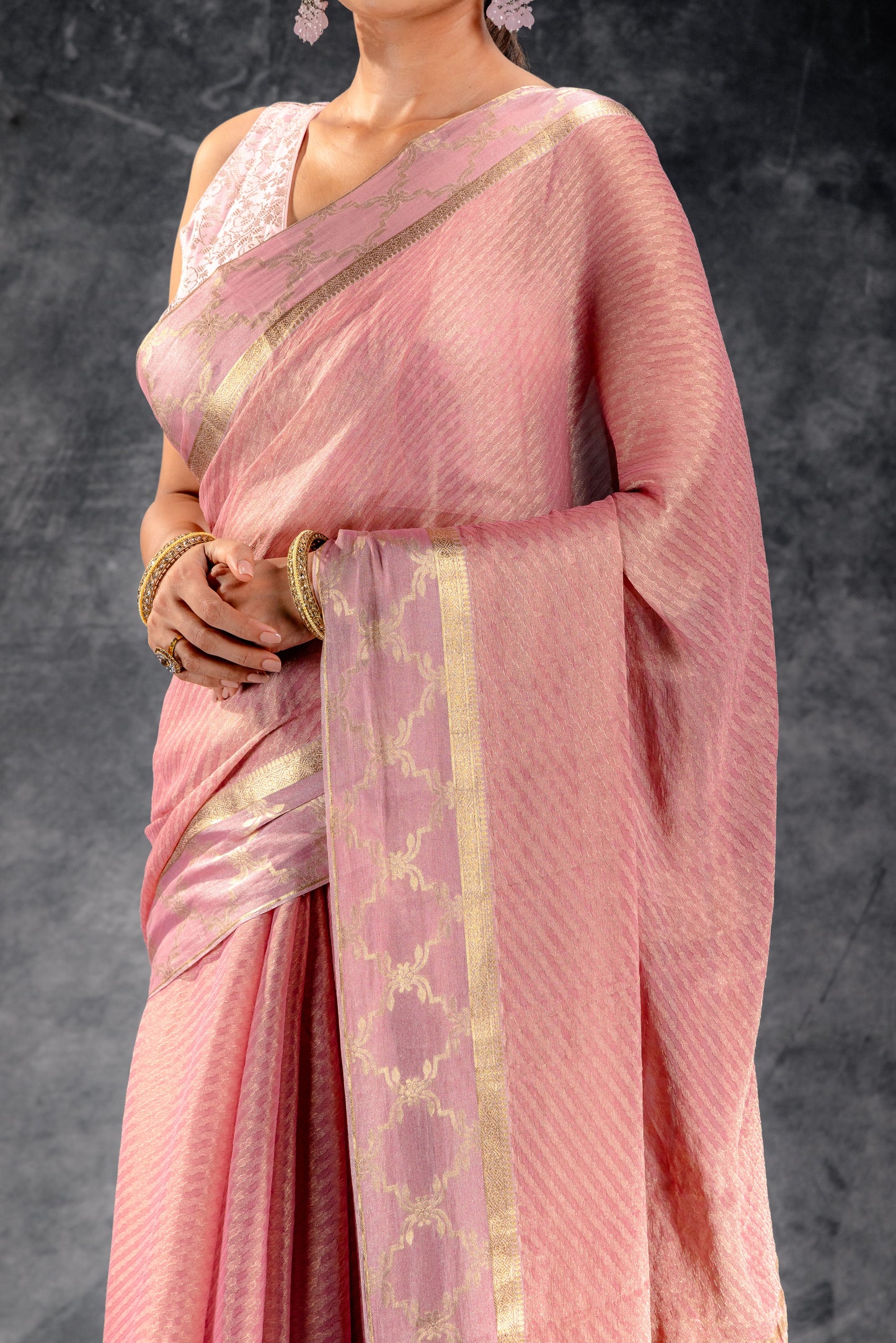 Tissue Royale Dusty Rose Saree with Mughal Arch Border & Zari Wave Weave