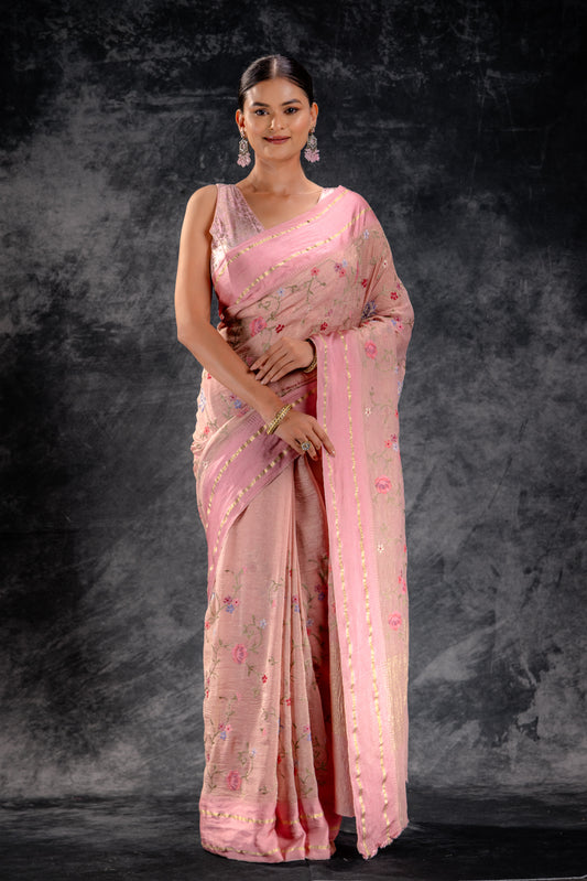 Mauve Bloom Embroidered Tissue Saree