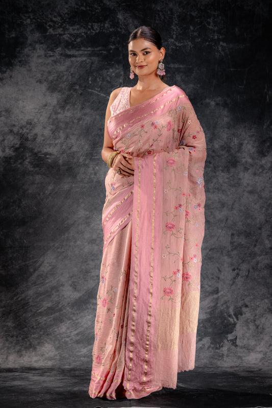 Mauve Bloom Embroidered Tissue Saree