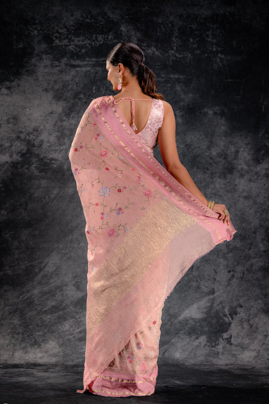 Mauve Bloom Embroidered Tissue Saree