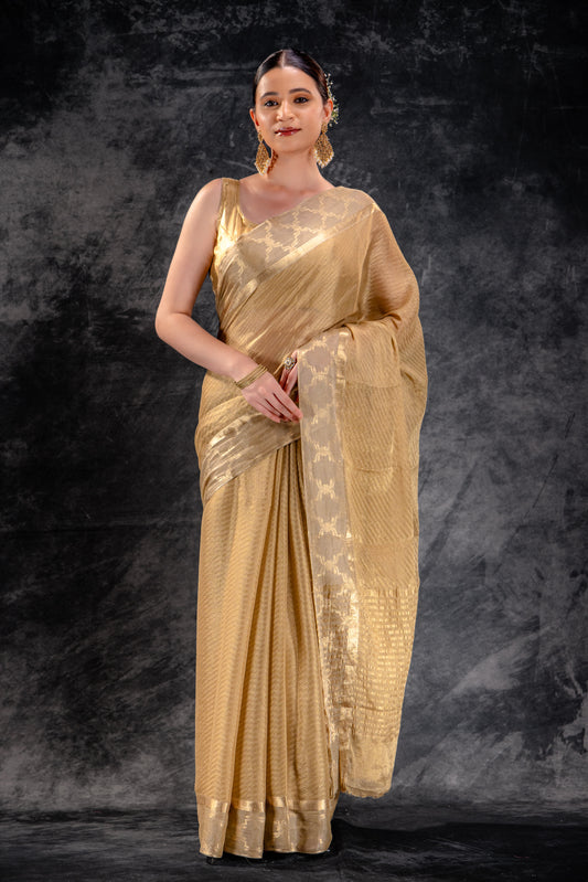 Tissue Royale Champagne Saree with Mughal Frame Border & Wavy Zari Body