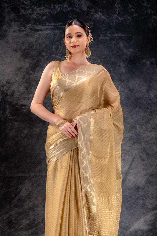 Tissue Royale Champagne Saree with Mughal Frame Border & Wavy Zari Body