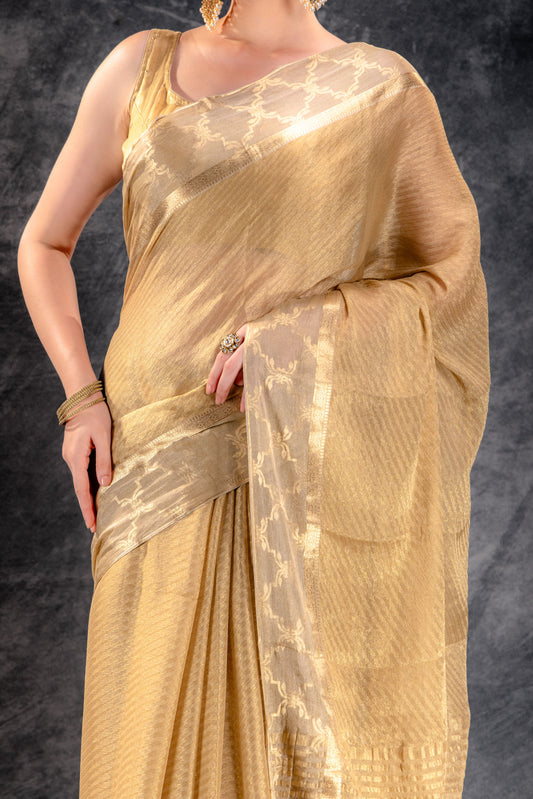 Tissue Royale Champagne Saree with Mughal Frame Border & Wavy Zari Body