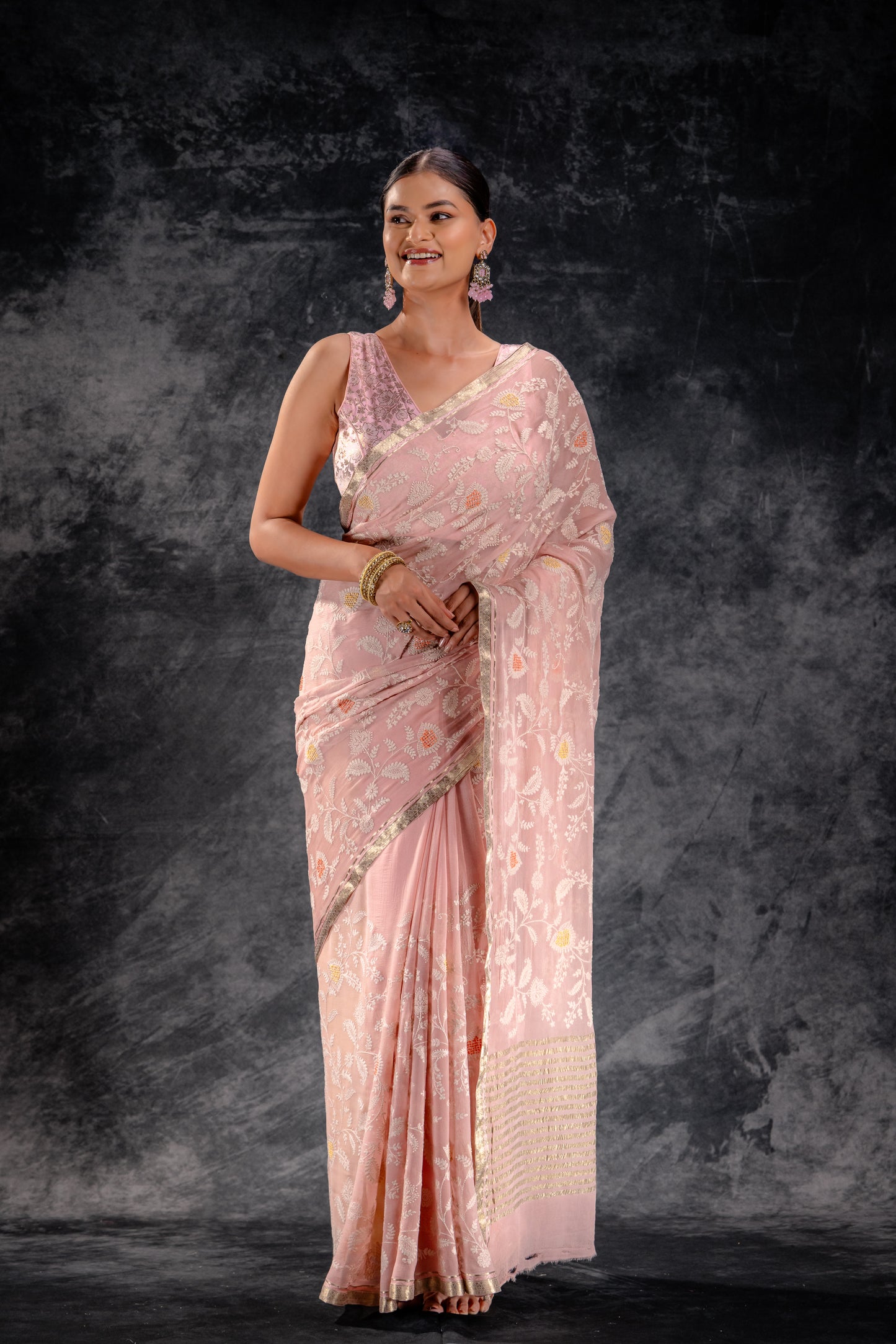 Rose Blush Embroidered Chiffon Saree