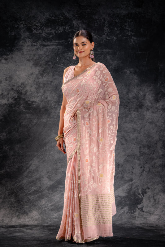 Rose Blush Embroidered Chiffon Saree