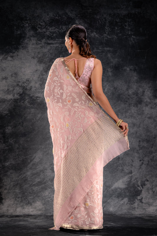 Rose Blush Embroidered Chiffon Saree