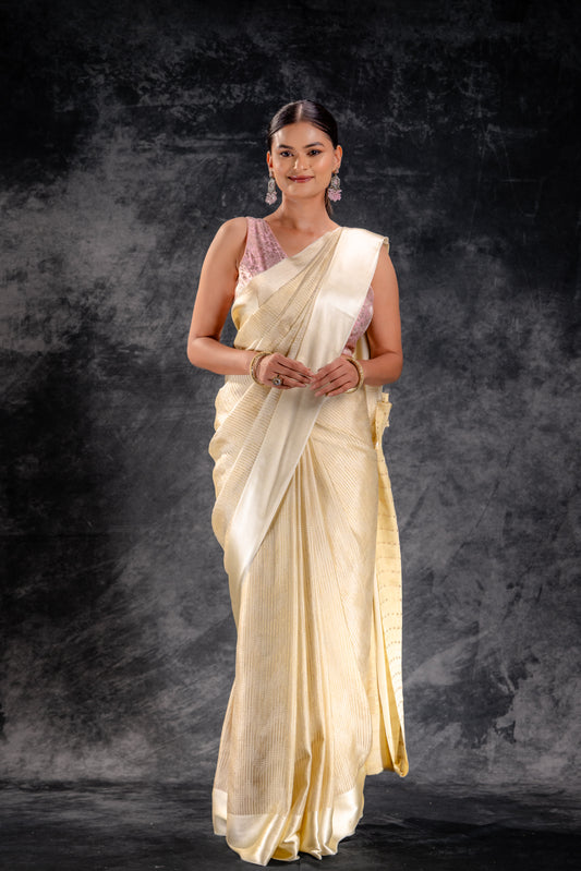 Ivory Crepe Silk Saree with Metallic ZigZag Weave and Satin Border