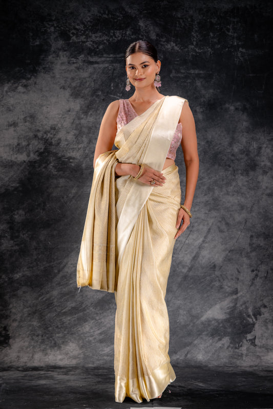 Ivory Crepe Silk Saree with Metallic ZigZag Weave and Satin Border