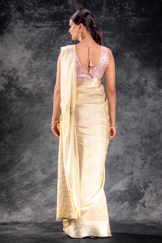 Ivory Crepe Silk Saree with Metallic ZigZag Weave and Satin Border
