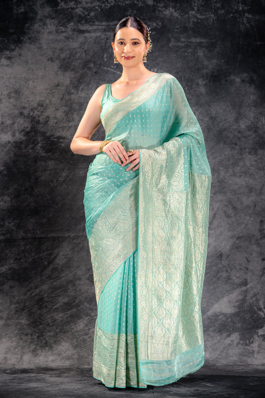 Sea Green Tissue Saree with Majestic Mango Border and Woven Buttas