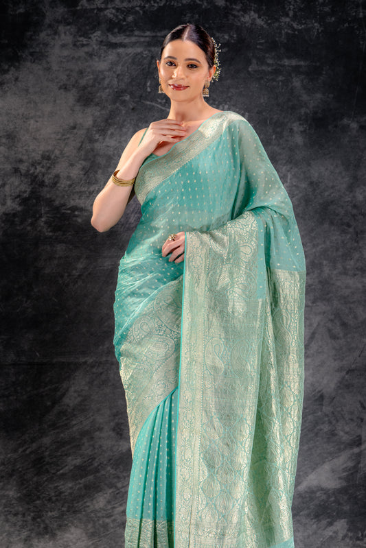 Sea Green Tissue Saree with Majestic Mango Border and Woven Buttas