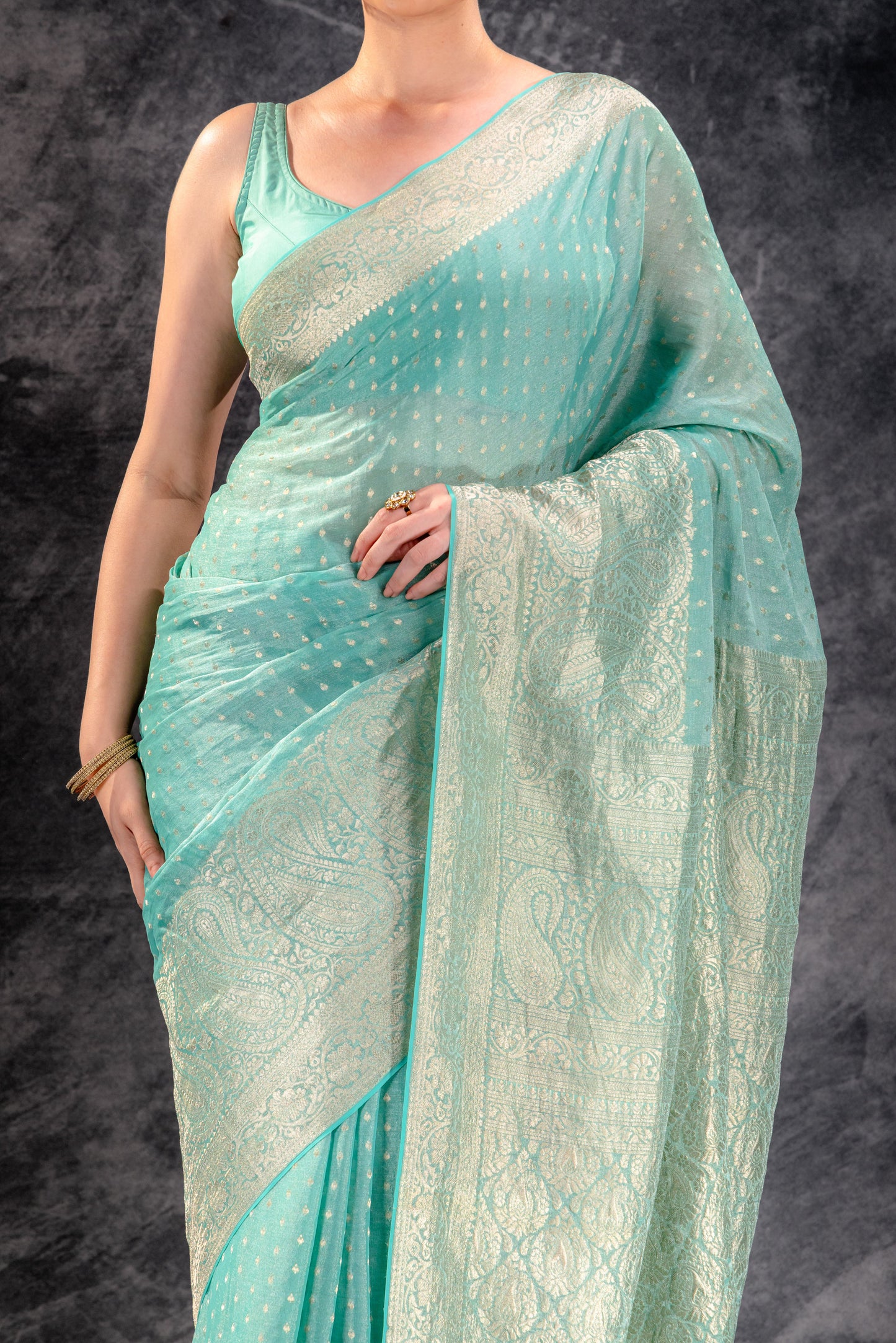 Sea Green Tissue Saree with Majestic Mango Border and Woven Buttas
