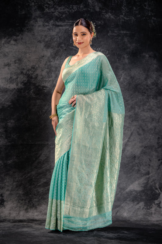 Sea Green Tissue Saree with Majestic Mango Border and Woven Buttas