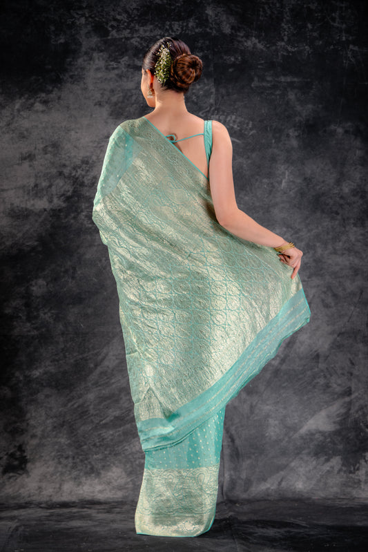 Sea Green Tissue Saree with Majestic Mango Border and Woven Buttas