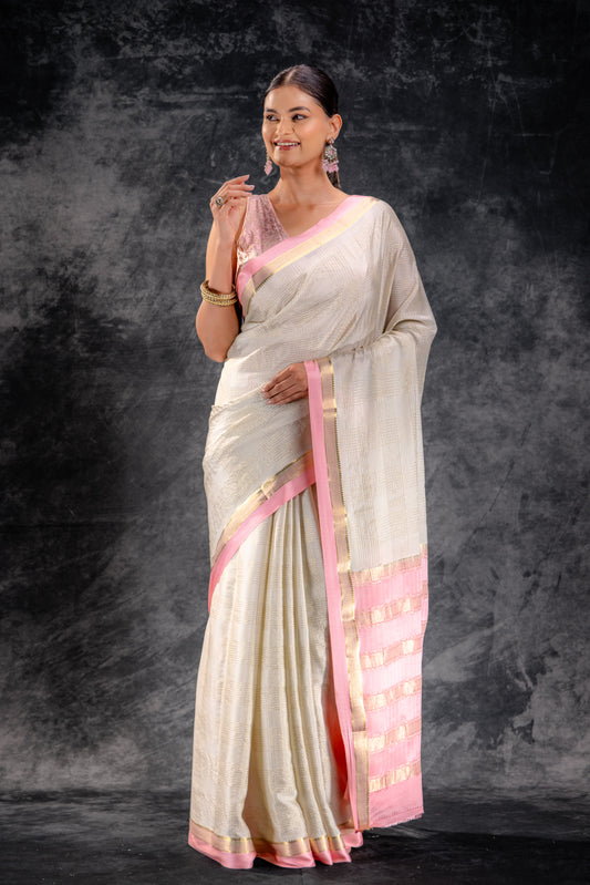 Ivory Grid Zari Crepe Saree