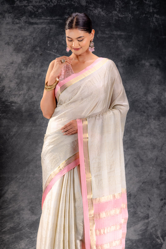 Ivory Grid Zari Crepe Saree