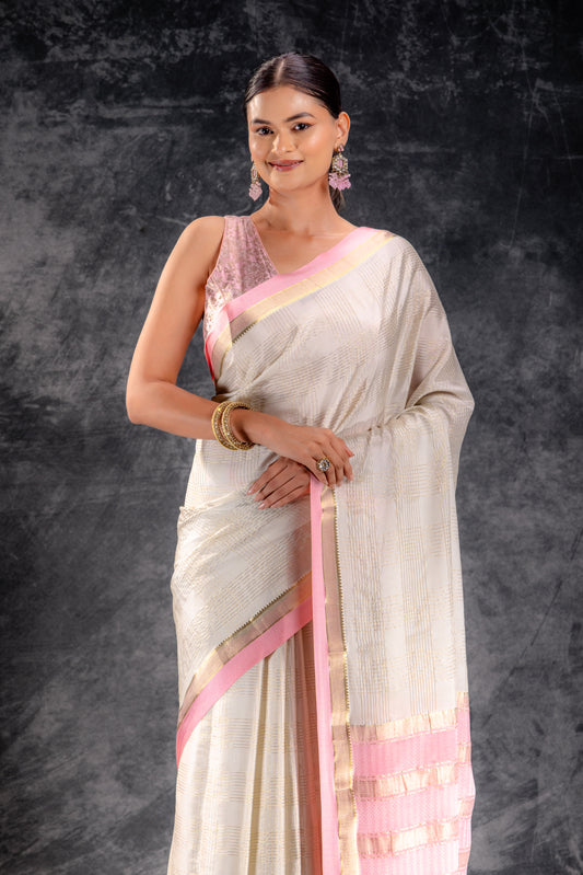 Ivory Grid Zari Crepe Saree