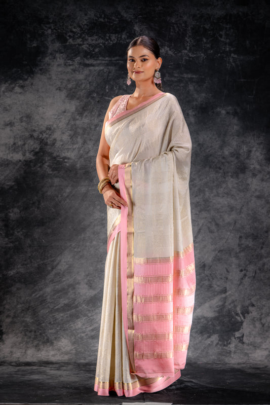 Ivory Grid Zari Crepe Saree