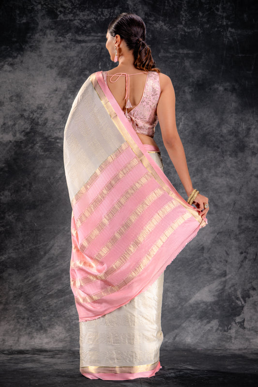 Ivory Grid Zari Crepe Saree