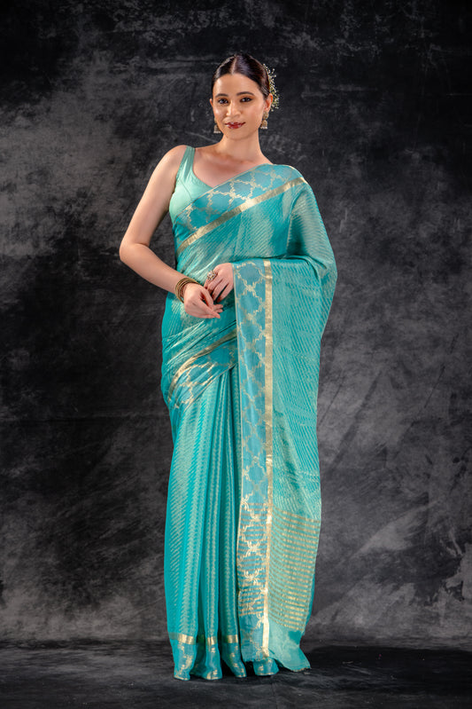 Tissue Royale Aqua Saree with Gold Mughal Motif Border & Diagonal Zari Weave