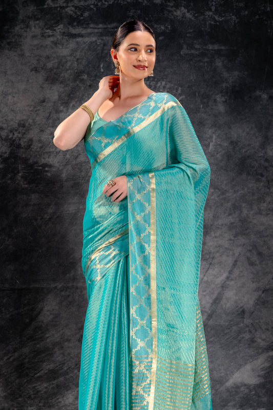 Tissue Royale Aqua Saree with Gold Mughal Motif Border & Diagonal Zari Weave