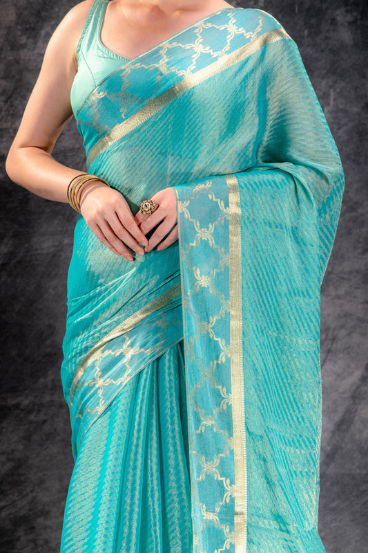 Tissue Royale Aqua Saree with Gold Mughal Motif Border & Diagonal Zari Weave