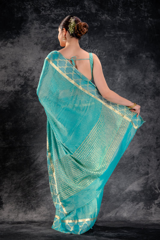 Tissue Royale Aqua Saree with Gold Mughal Motif Border & Diagonal Zari Weave