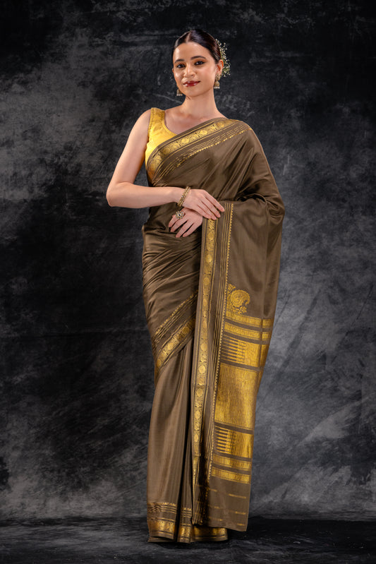Mocha Brown Crepe Saree with Gold Zari Border & Rich Pallu
