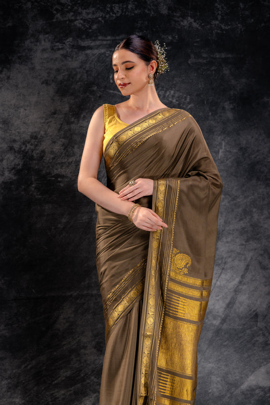 Mocha Brown Crepe Saree with Gold Zari Border & Rich Pallu