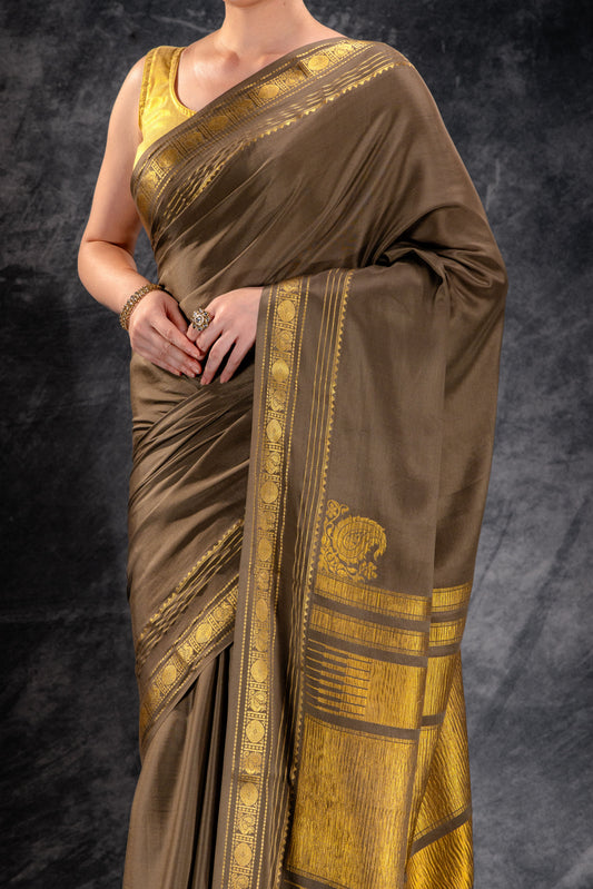 Mocha Brown Crepe Saree with Gold Zari Border & Rich Pallu