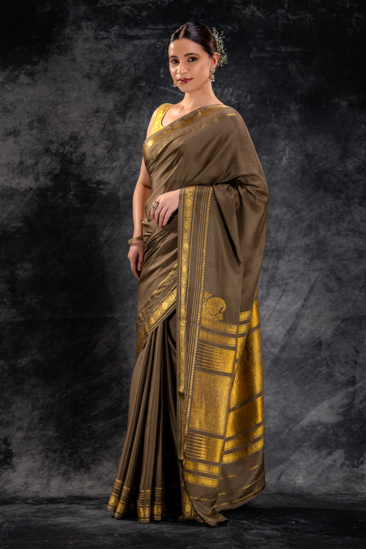 Mocha Brown Crepe Saree with Gold Zari Border & Rich Pallu