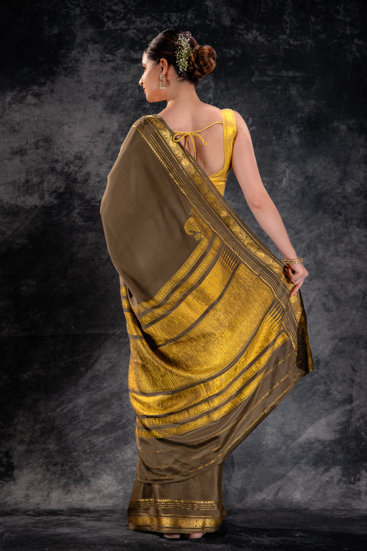 Mocha Brown Crepe Saree with Gold Zari Border & Rich Pallu