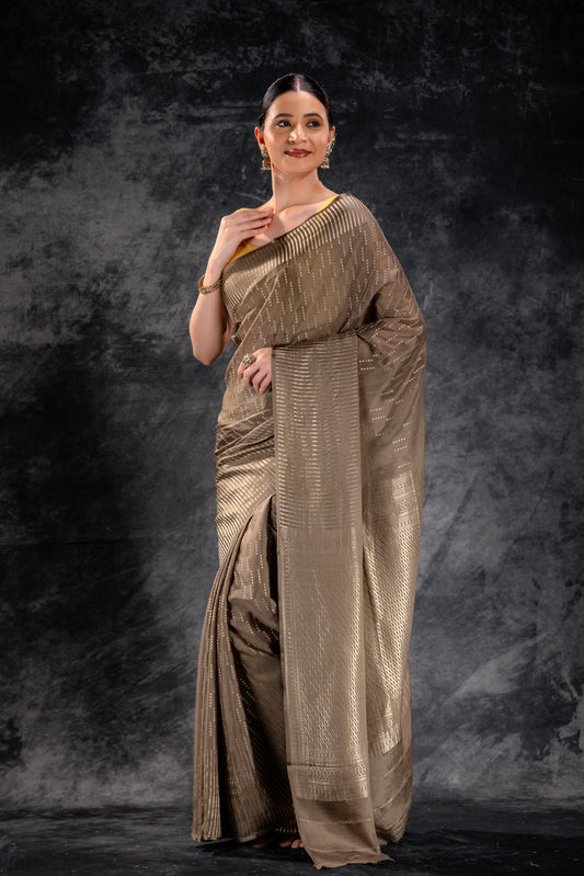 Mocha Beige Crepe Saree with Silver Zari Buttas and Elegant Striped Border