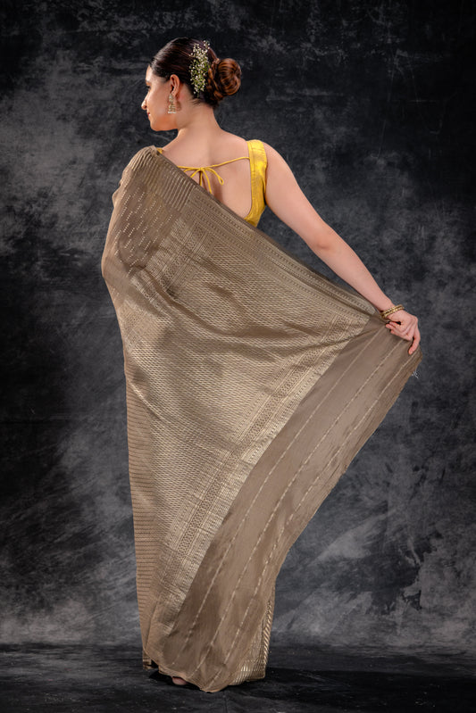 Mocha Beige Crepe Saree with Silver Zari Buttas and Elegant Striped Border