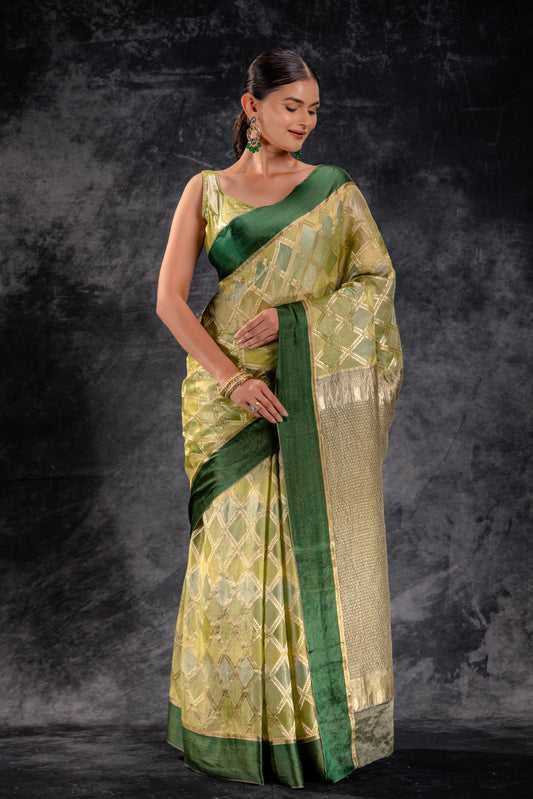 Olive Green Tissue Silk Saree with Diamond Lattice Weave and Tonal Zari Border